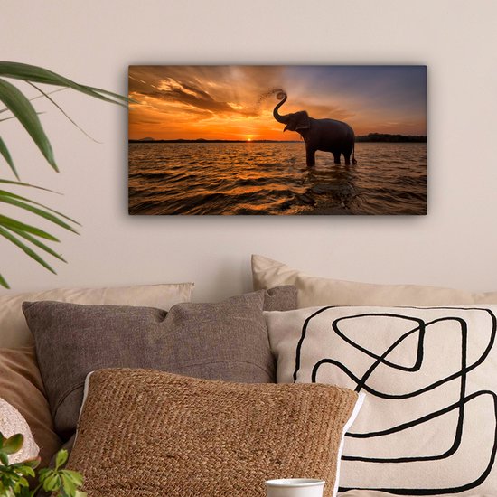 Toile - Éléphant - Coucher de soleil - Water - Décoration murale - 40x20 cm - Peintures sur toile - Toile canvas
