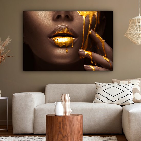 Tableau sur toile - Lèvres or 120x80 - Accessoires de décoration de chambre - Tableaux dorés femme salon - Décoration murale chambre - Décoration murale cuisine - Décoration murale - Tissu mural intérieur - Décoration maison - Accessoires de maison