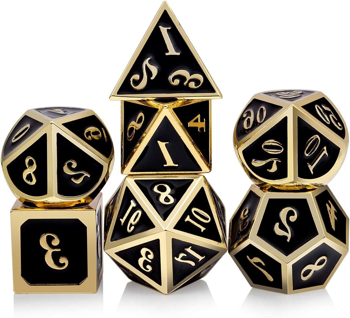 Metalen Dobbelstenen Set - RPG Dobbelstenen - Rollenspellen Spelen - Zware Zinklegering - 7 Stuks - Zwart met Goud
