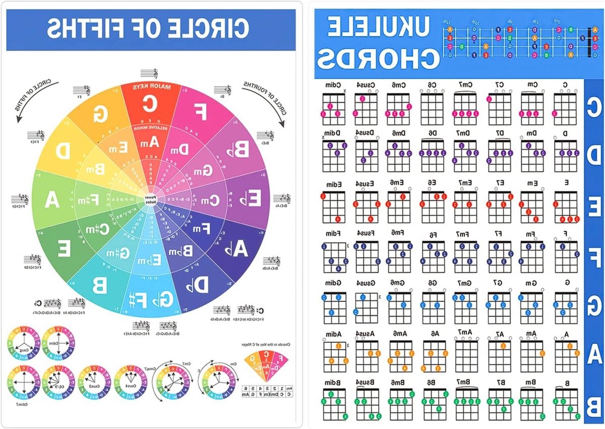 Ukulele Akkoord Poster 21x30cm - Gelamineerde Akkoordkaart voor Beginners, Muziektheorie en Circle of Fifths, Ideaal voor Ukulele Leren