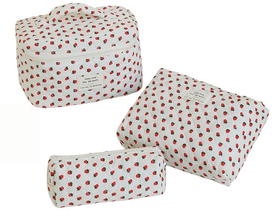 Set van 3 Make-up Tasjes Gewatteerd Bloemen Katoen – Grote Capaciteit Esthetische Cosmetische Tas & Toilettas voor Vrouwen – Reistas Organizer met Ritssluiting -Kleine aardbeien, 3-delige set [Groot + Middel + Klein]