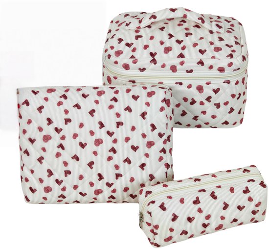 Set van 3 Make-up Tasjes Gewatteerd Bloemen Katoen – Grote Capaciteit Esthetische Cosmetische Tas & Toilettas voor Vrouwen – Reistas Organizer met Ritssluiting -Wit met hartjes, 3-delige set [Groot + Middel + Klein]