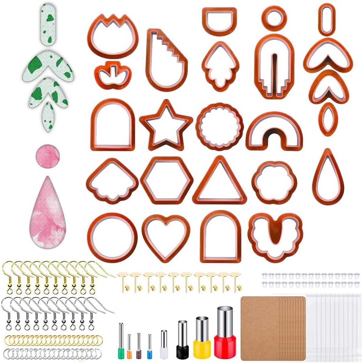 Complete Set van 142 Stukken voor het Maken van Oorbellen met Polymeer Klei, Inclusief Snijders, Oorbellenkaarten en Haakjes voor Creatieve DIY Projecten