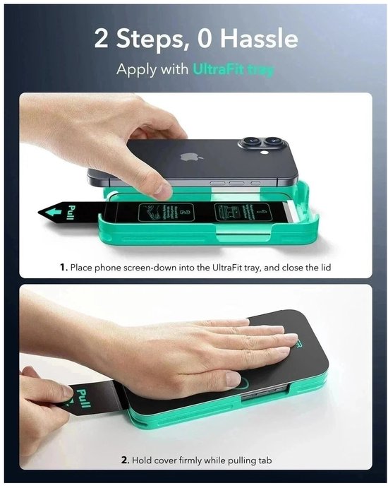 Handen plaatsen iPhone in mintgroen installatieframe en trekken aan "Pull"-tab, in 2 stappen installatie.