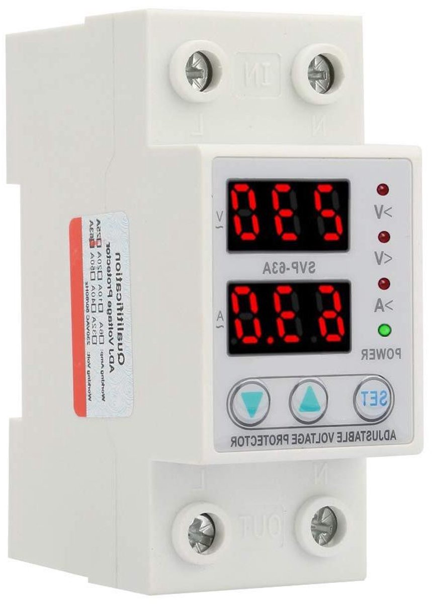 Spanningsstroombeschermer - Overspanningsbeveiliger Stroomonderbreker - Elektrische Installatie Beveiligen - Instelbare Waarden Dubbel LED - DIN-rail 63A - Grijs