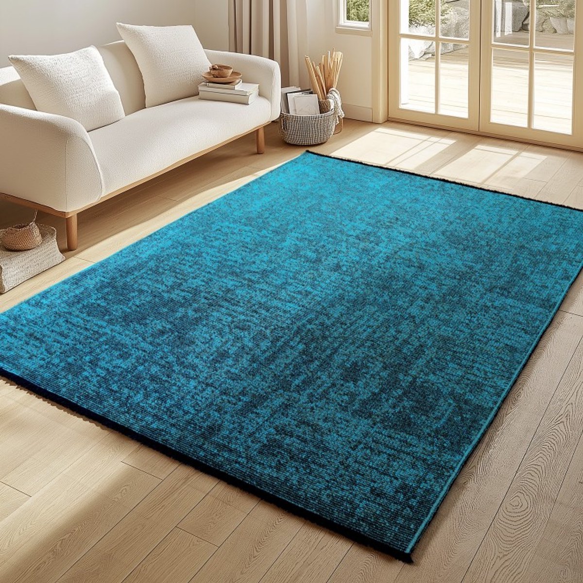 Binnenkleed, gemarmerd patroon, blauwe kleur, katoenchenille, modern design, wasbaar 240x340 cm