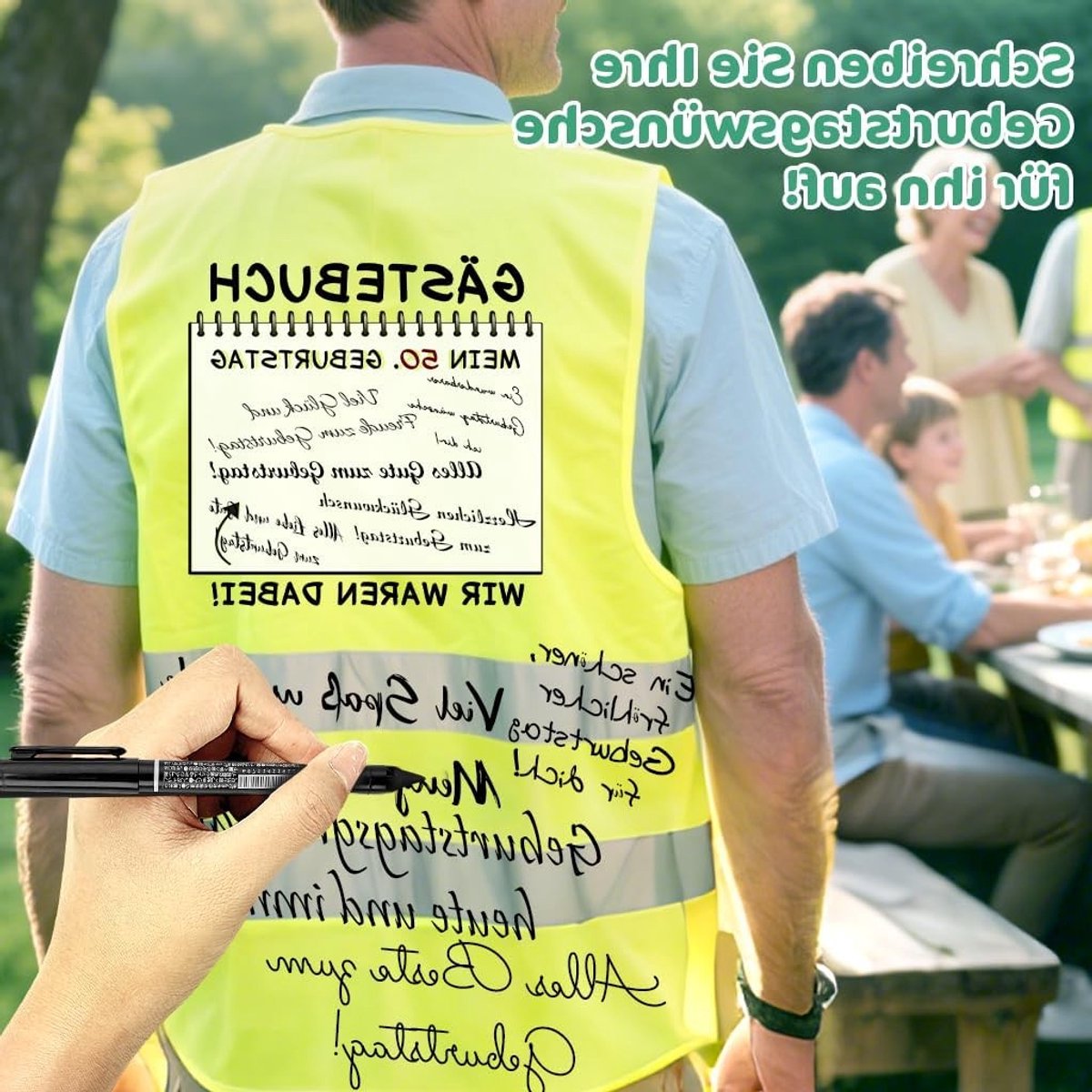 Veiligheidsvest voor Verjaardag met Grappige Tekst, Ondertekenbaar Cadeau met Wenskaart en Stiften, Reflecterend Vest voor Mannen en Vrouwen, Verjaardagsfeest Accessoire