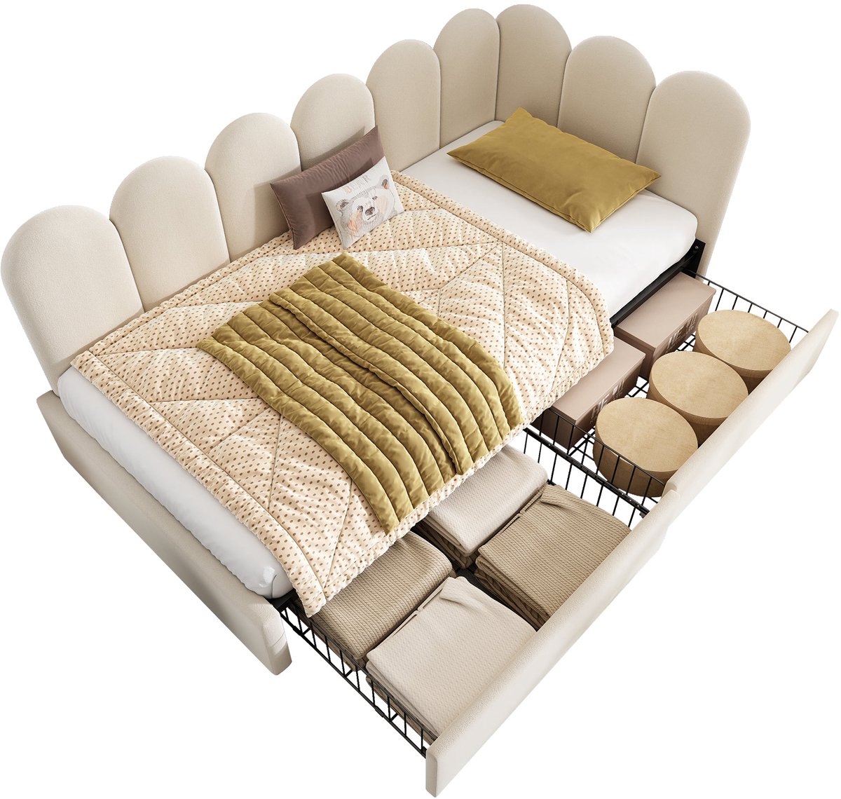 Merax Slaapbank 90x200 cm - Fluweel - Bed met Opbergruimte - 2 Lades - Houten Lattenbodem - Beige