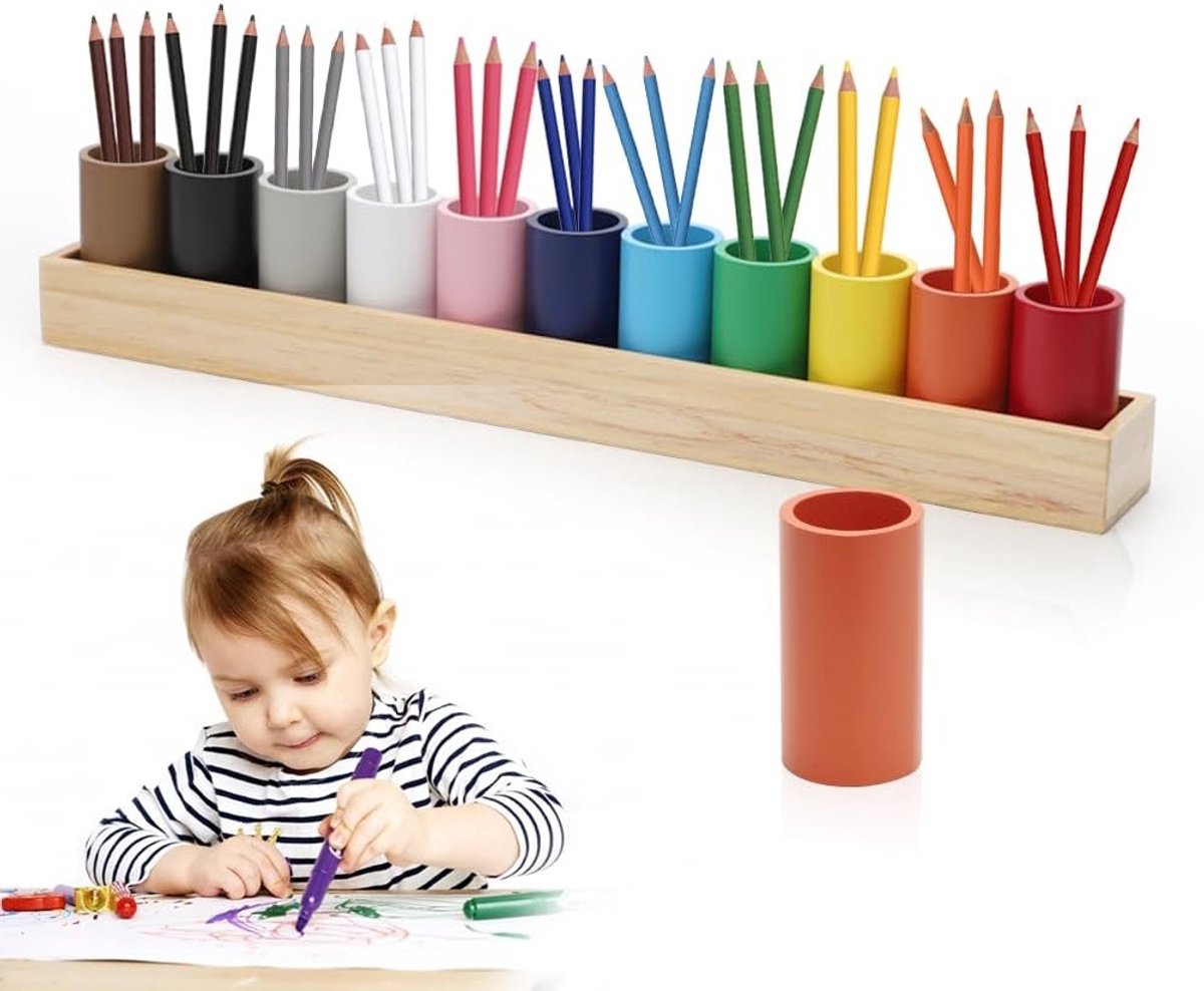 Houten Kleurpotloodhouder 46 x 6 x 8 cm met 11 Compartimenten, Montessori Pen Organizer voor Kinderen, Bureau Organizer, Opbergdoos voor School en Thuis, Kantooraccessoire