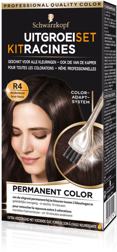 Schwarzkopf uitgroeiset R4 donkerbruin met donkerbruin haarmodel en een kwastje met product.