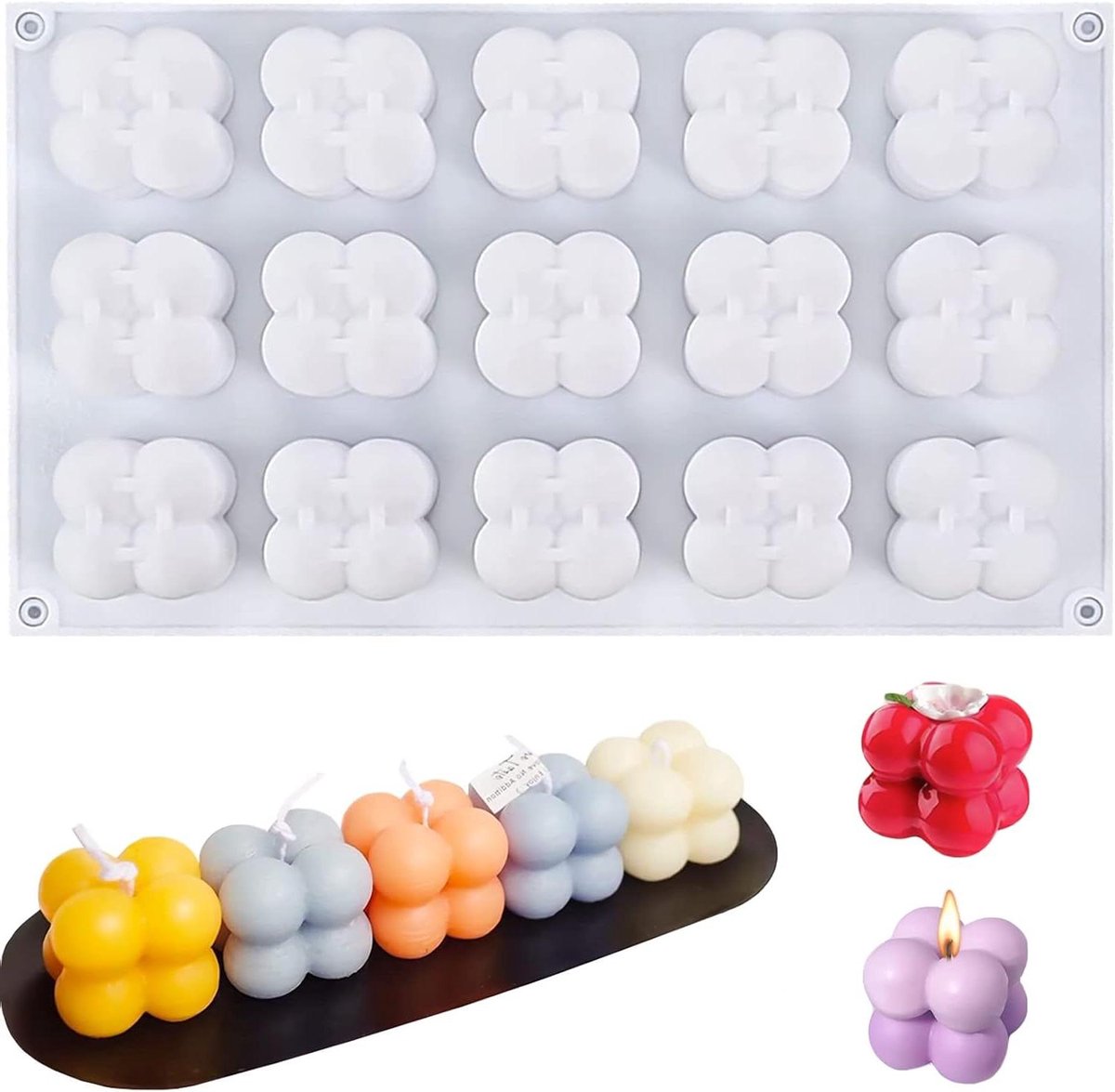 Siliconen Bakvorm - Zeepmal Kaarsmal - Bakken en Knutselen - 15 Holtes - 29.5 x 17 x 3.5cm - Wit