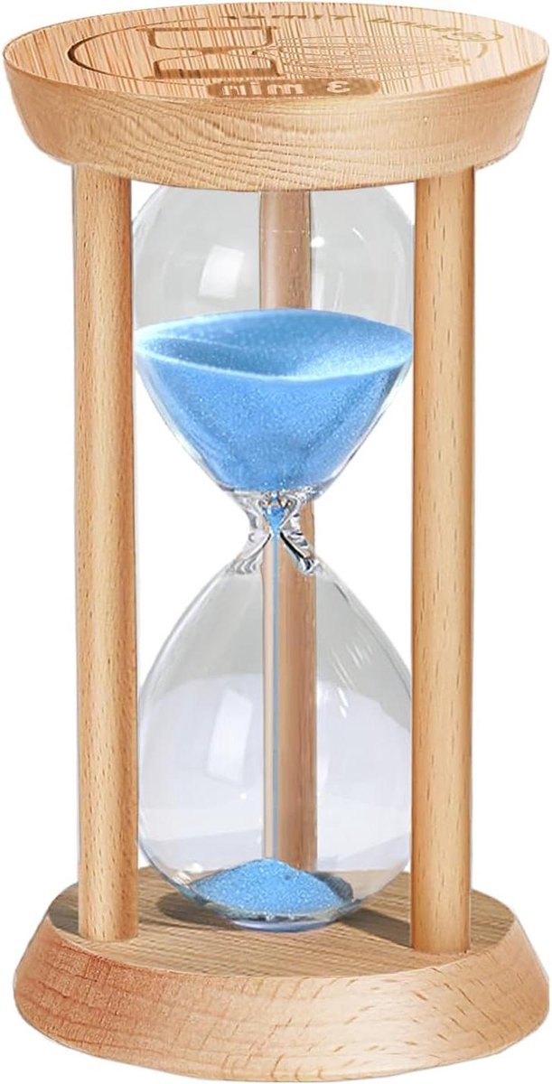 Houten zandtimer - Zandloper uurwerk - Tijdmanagement oefenen - Onbreekbaar glas frame - 3 minuten - Blauw