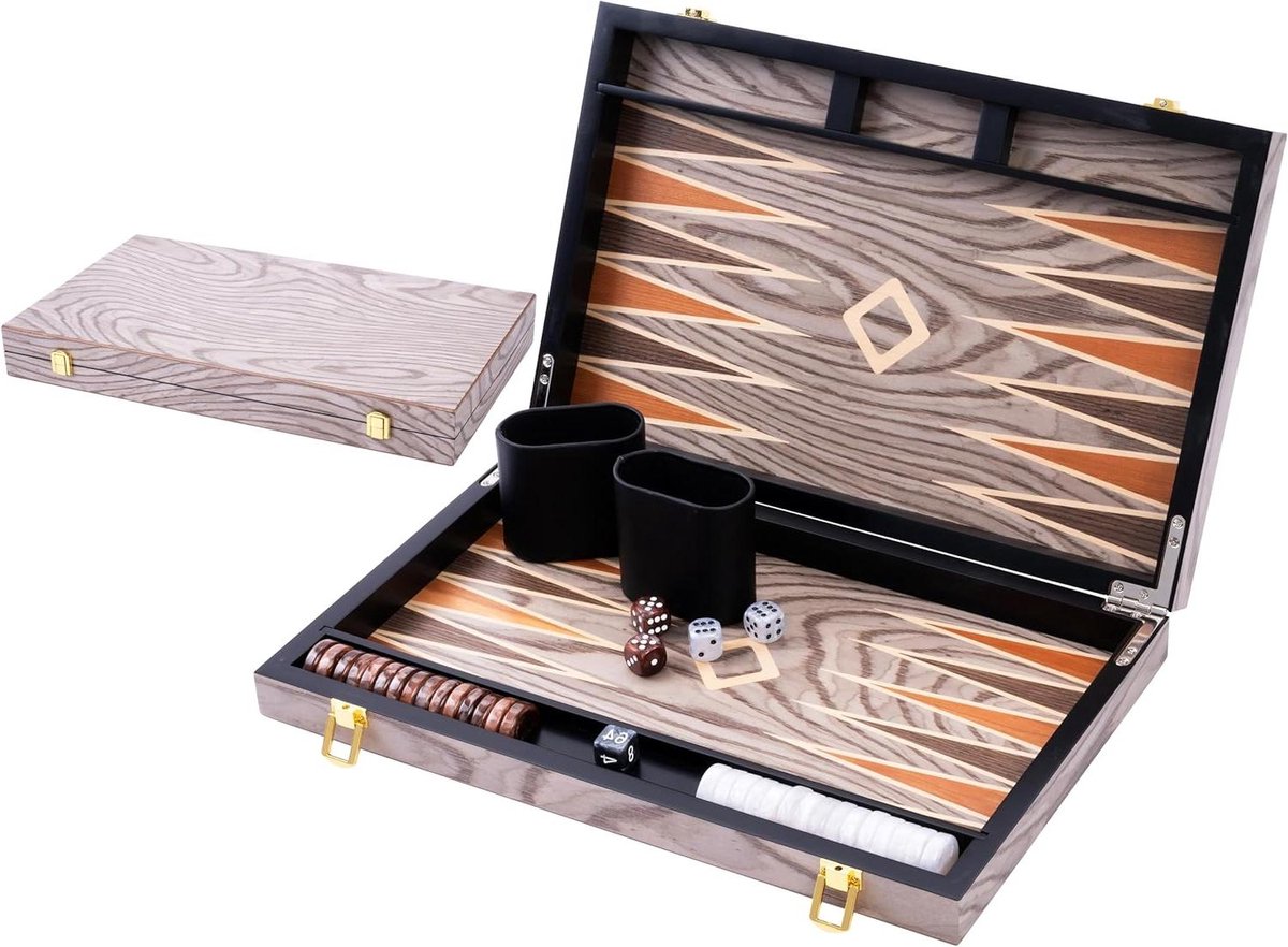 Backgammon Spel - Traditioneel Spel - Strategisch Spel - Gelakt Hout Fineer - 15 inch - Grijs