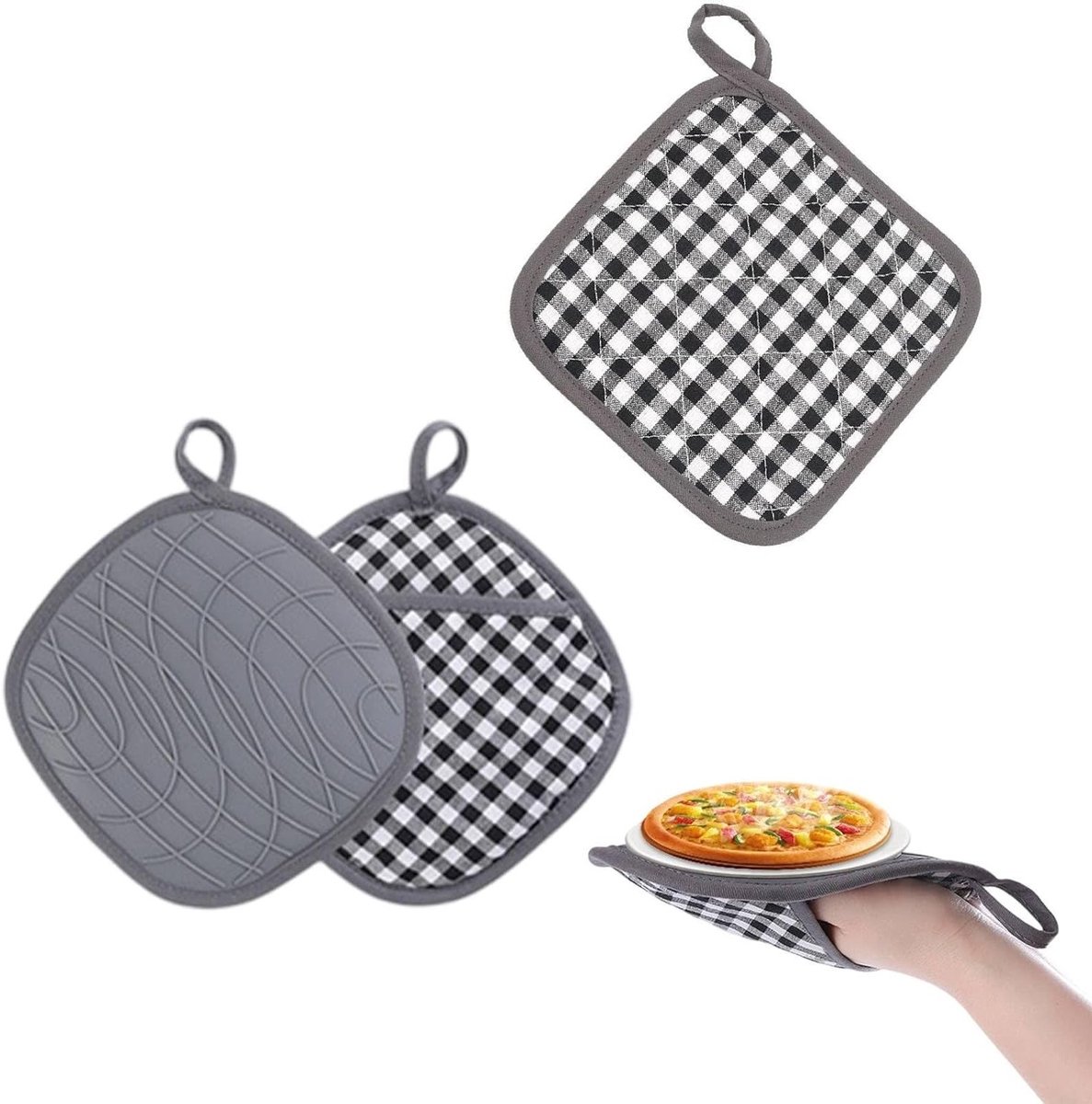 Siliconen en Katoenen Kookgerei Set - 2 Stuks - 20.5 cm & 20 cm - Hittebestendig tot 300 °C - Grijs Geruit - Antislip - Modern Scandinavisch Ontwerp voor Keuken en Eettafel - Duurzaam en Functioneel