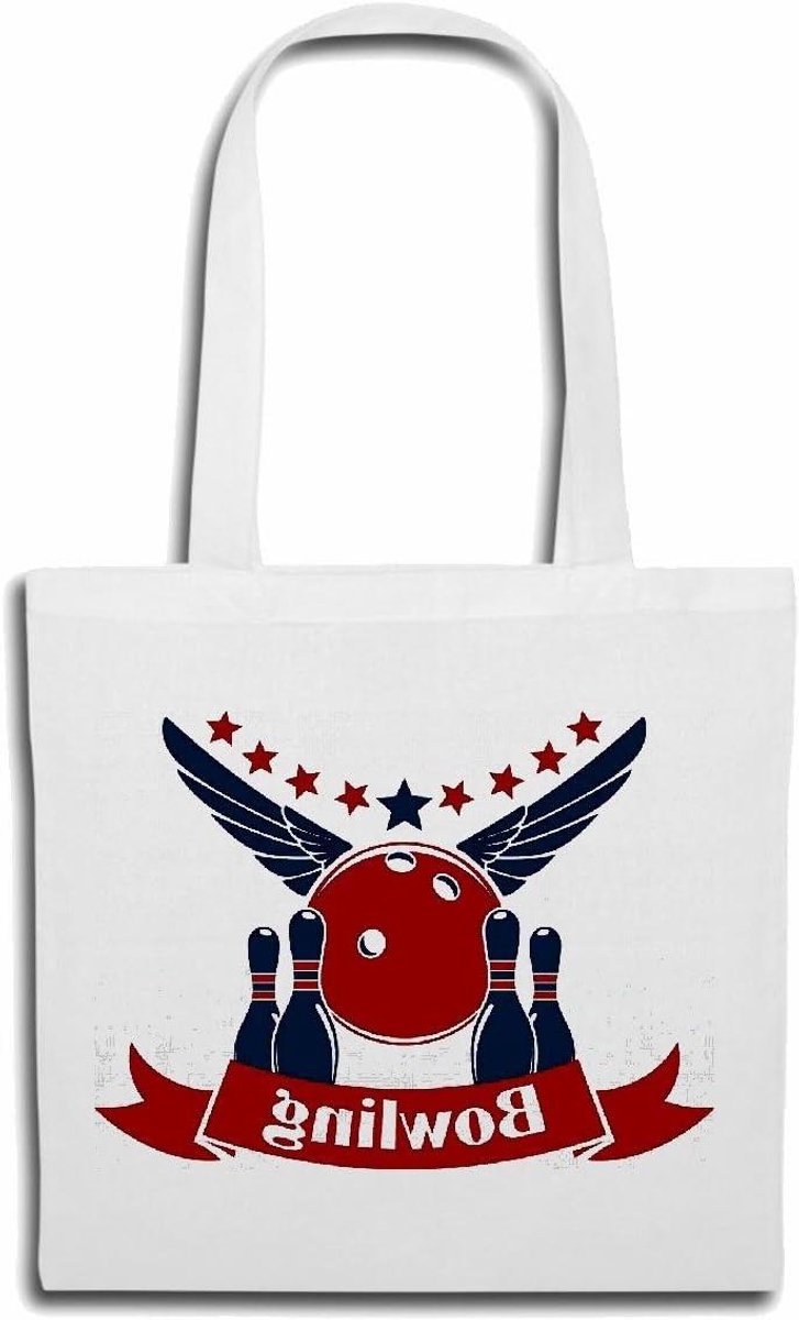Schoudertas Bowling - Gymtas Boodschappentas - Dagelijks Gebruik - 100% Katoen - 40 x 40 cm - Wit