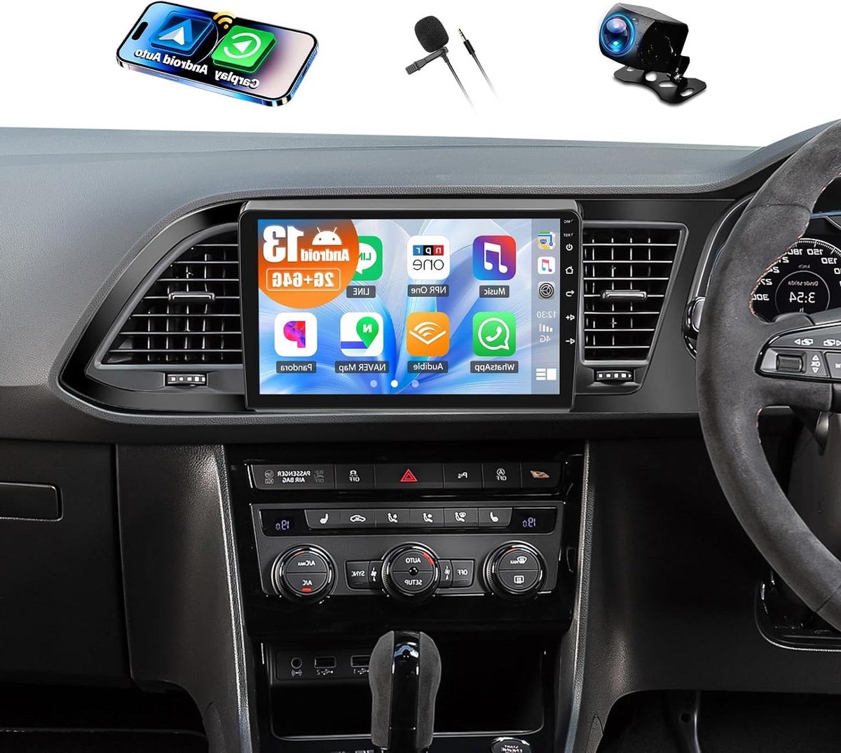 CAMECHO 2+64G 9 Inch Navi Auto Radio voor Seat Leon 2015-2018 Android 13 met achteruitrijcamera GPS WIFI Draadloze Carplay Bluetooth Radio HD met Android Auto FM RDS