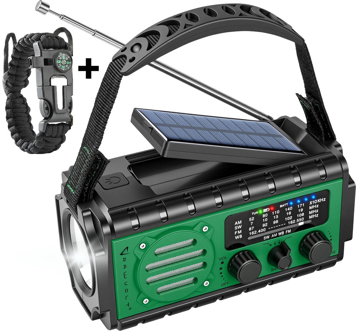 RAWVOLT® - NIEUW - Noodradio SW20K - 20000mAh Li-ion Accu - Solar Opwindbaar - Powerbank, Zaklamp, SOS Alarm & Leeslamp - 2026 model voor indoor, outdoor en in noodpakket - incl. Multi-Function Survival Armband - Army Green