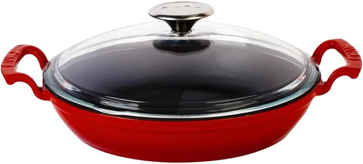 Gietijzeren Koekenpan - Koekenpan Gietijzer - Slowcooking Maaltijden - Gelijkmatige Warmteverdeling - 24 cm - Rood