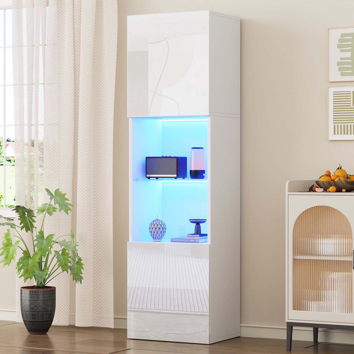 Zubaliya Vitrinekast - 45x35x160 cm - wit hoogglans met LED (16 kleuren) - 1 glasplank - gehard glas & anti-kip