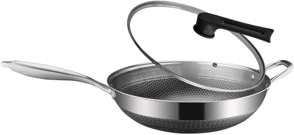 Roestvrijstalen Wok - Koekenpan met deksel - Veelzijdig Koken - Antiaanbaklaag Krasbestendig - 36CM - Zilver