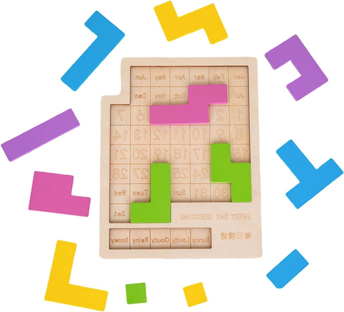 Bord Kalender Puzzel - Houten Interactie - Dagelijkse Hersenkraker - Handmatige Datumzetter - 20 x 15 cm - Houtkleur