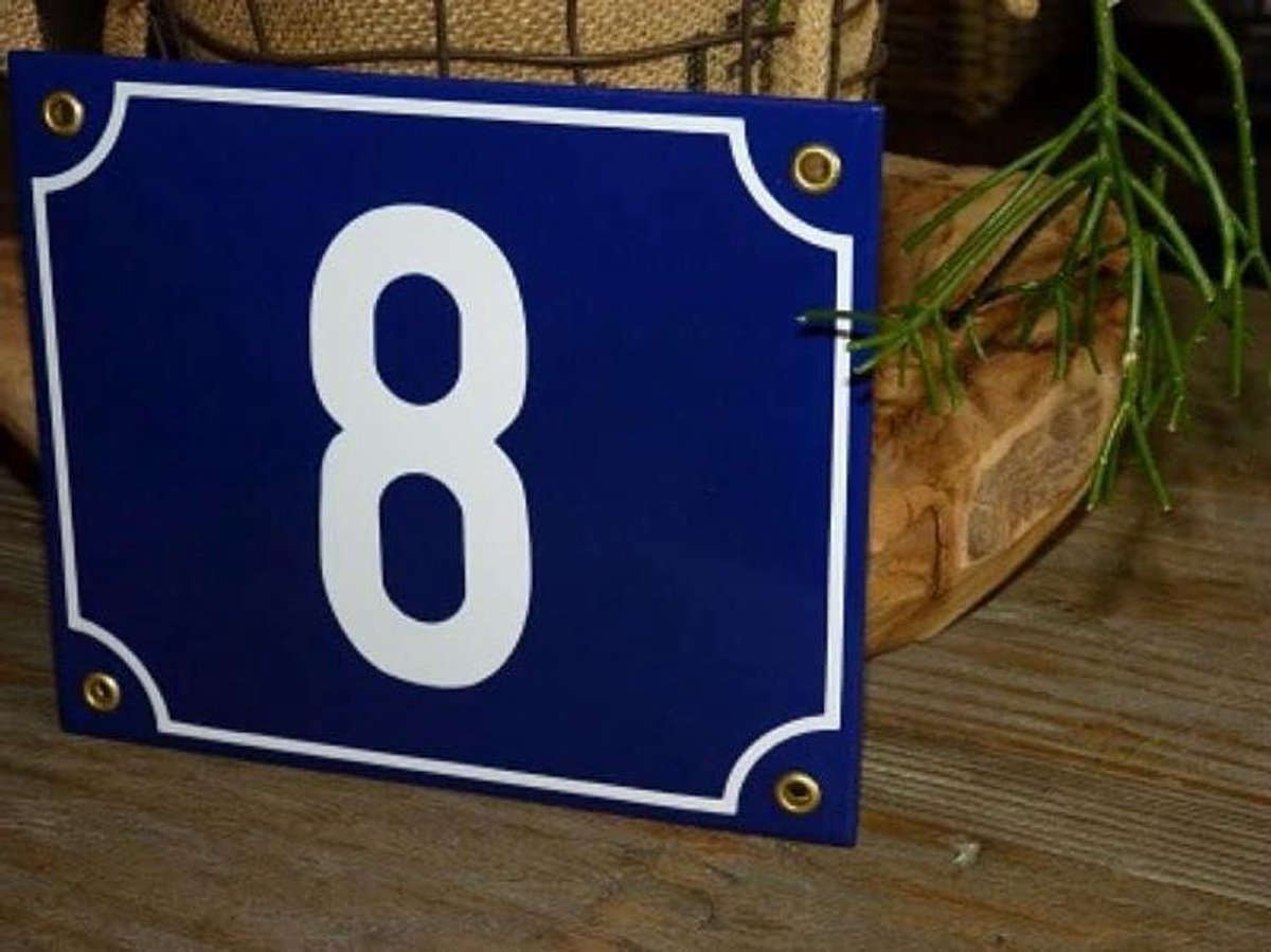 Emaille Huisnummer - Nummerbord Gebold - Huis Identificatie - Handgekleurd Reliëf - 18x15 cm - Blauw Wit