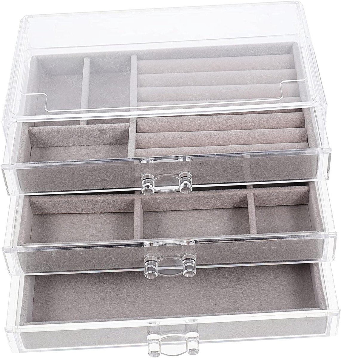 Opbergdoos Sieraden - Organizer Lades - Sieraden Opbergen - Drie Lagen - 23 x 13.5 x 10.5 cm - Grijs