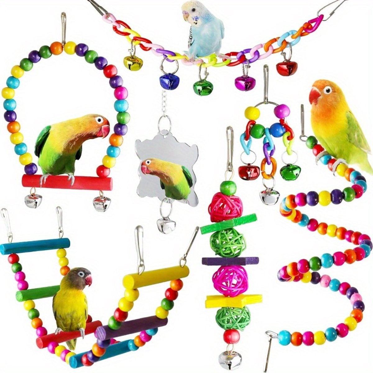 Speelset voor huisdieren - Een speciale speelplek voor grasparkieten, valkparkieten en dwergpapegaaien - Met houten zitstokken en klimladders - Helpt bij de snavelverzorging - Speeltoestel voor kleine vogels - Kleurrijk