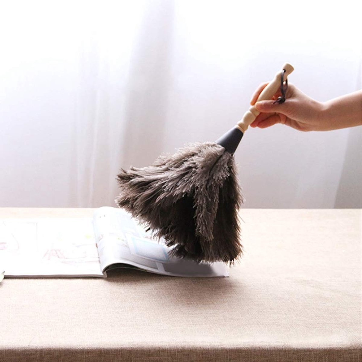 Dailygoods - Dailygoody - Antistatische plumeau - Herbruikbaar houten handvat - Lichtgewicht en modieus - Struisvogelveer stofdoek - Ideaal voor boeken en toetsenb...