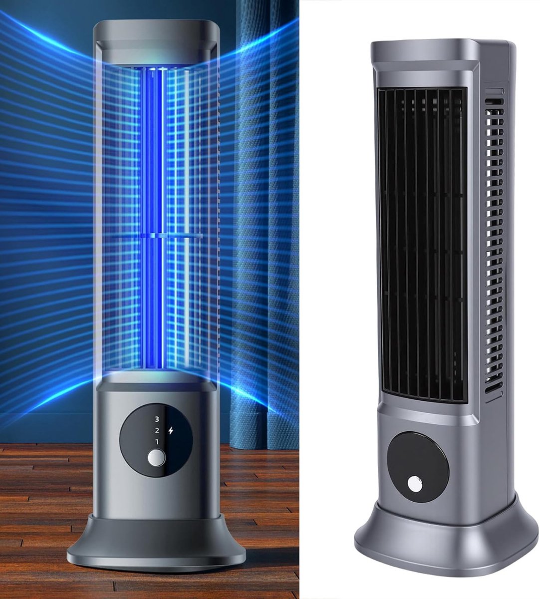 Torenventilator Bladloos - Staande Ventilator - Stille Koeling - USB C Oplaadbaar - 31.5 x 12 x 11 cm - Spacegrijs – foto 5