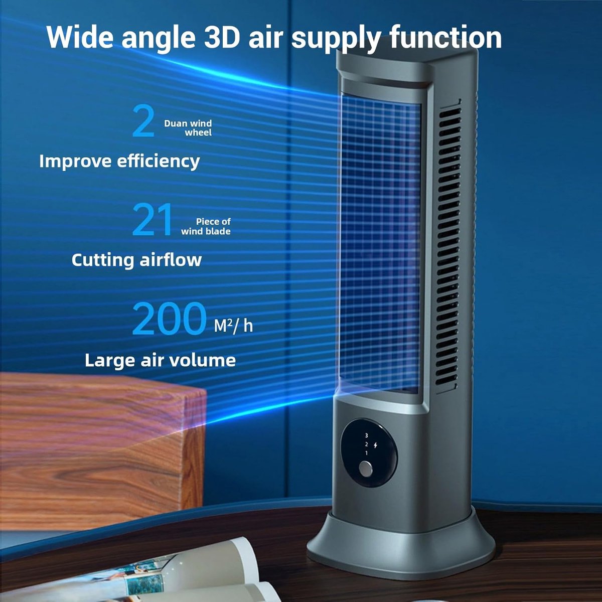 Torenventilator Bladloos - Staande Ventilator - Stille Koeling - USB C Oplaadbaar - 31.5 x 12 x 11 cm - Spacegrijs – foto 3
