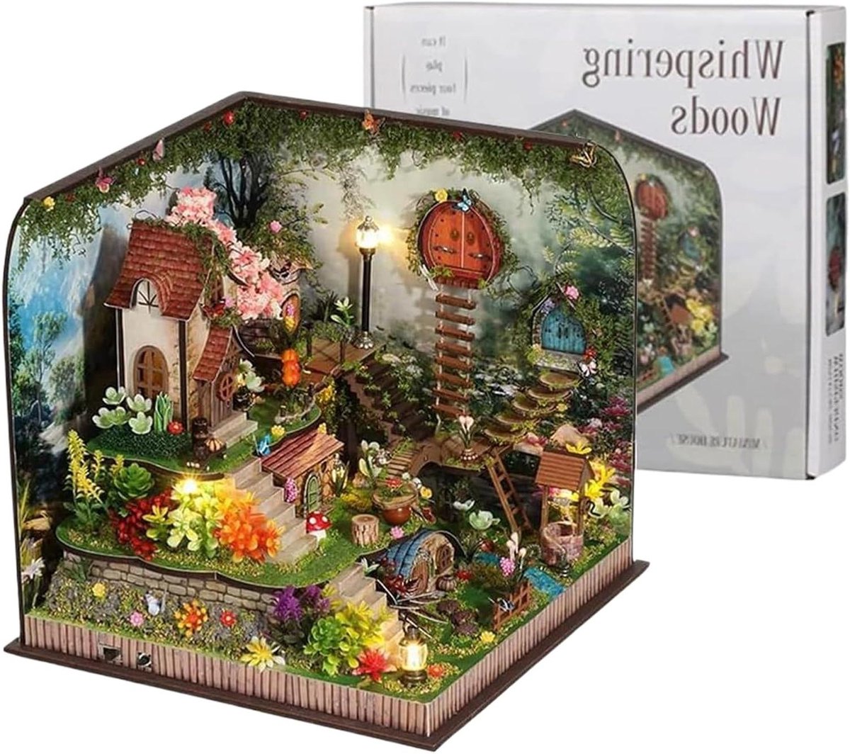 Houten Bloemenhuis - Miniatuur Bouwset - Creatief Knutselen - Met LED Verlichting - 25.5 x 24.2 x 5.5 cm
