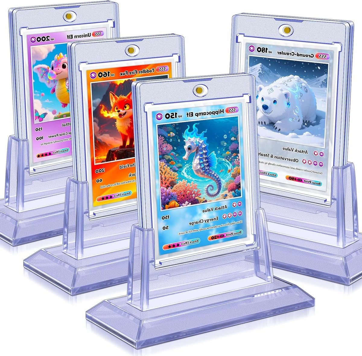 4 stuks magnetische kaarthouders voor ruilkaarten, honkbalkaartbeschermers met 4 standaarden, 35pt acryl harde kaarthoezen hoesje voor sportkaarten, MTG-kaarten, YUGIOH-kaarten, standaard