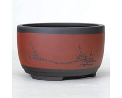 Keramische bloempot ronde grote middelgrote en kleine bonsaipot Groene plantenpot Trommelvormige ventilatiebak in Chinese stijl Ronde plantenbak met lekbak Decoratieve plantenbak (rood 17x10cm)