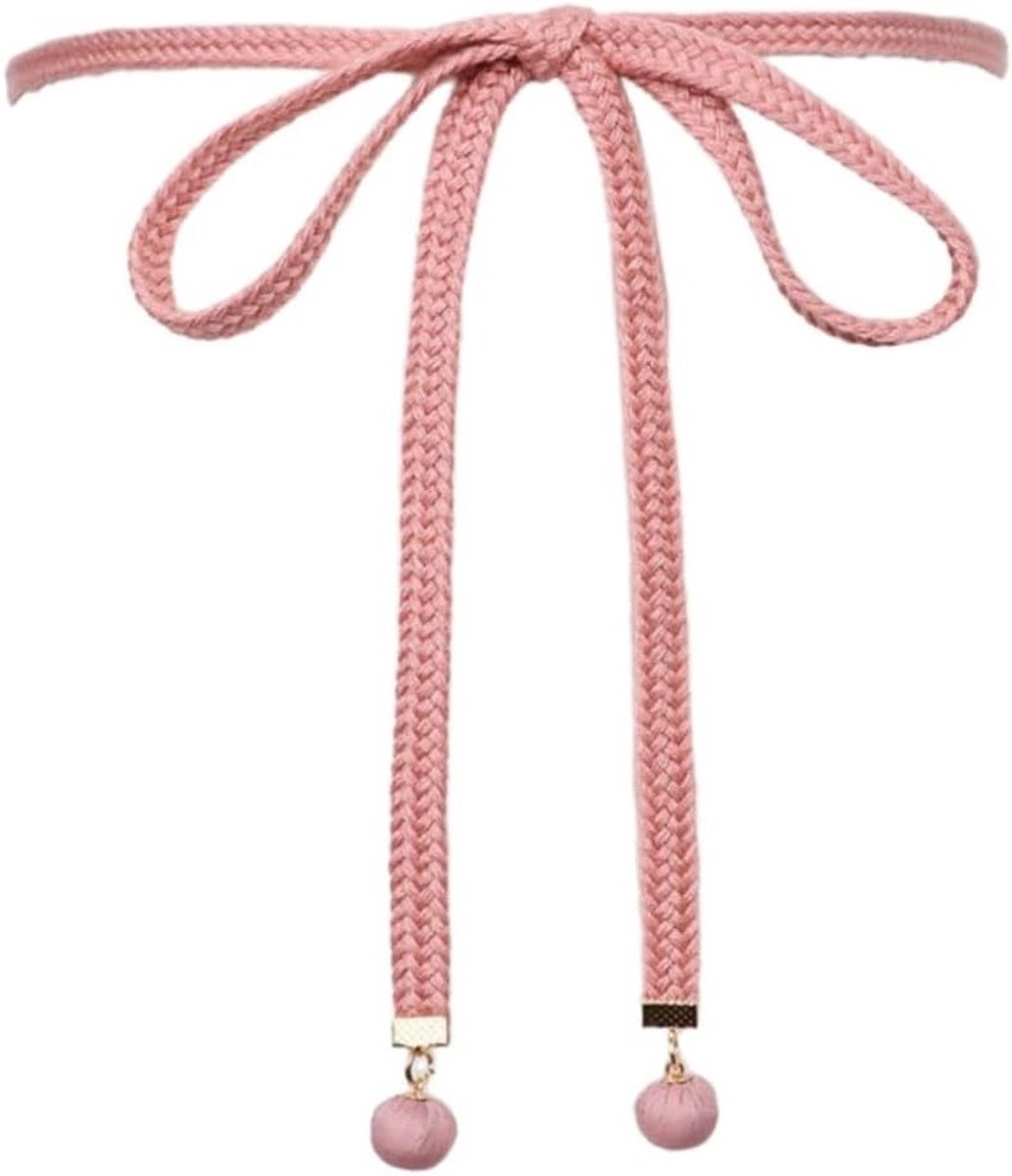 Dunne gevlochten riem voor dames - Retro tailleketting van katoen, verstelbaar voor jeans, broeken en jurken, 148 cm, beschikbaar in khaki en roze, One Size