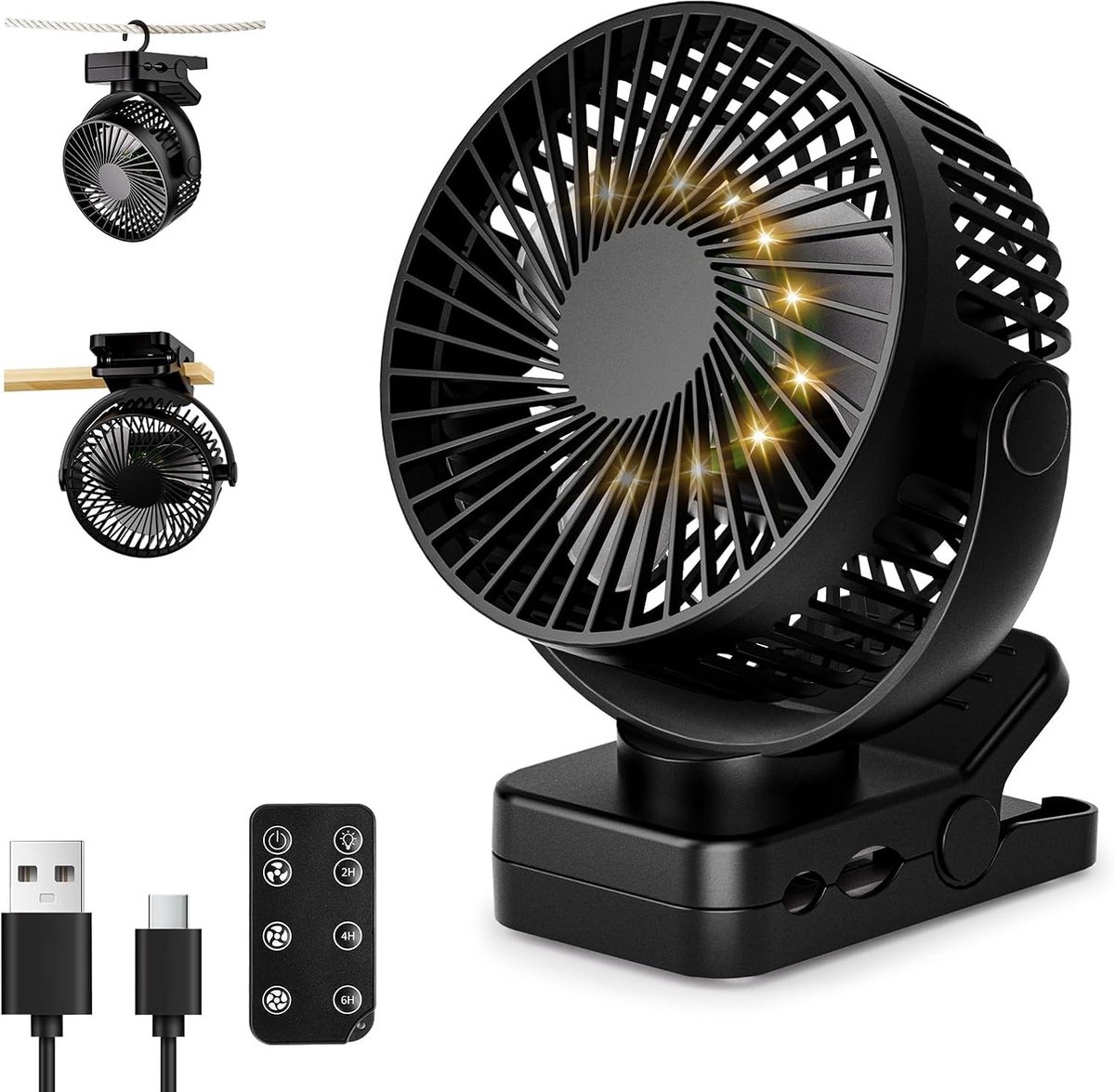 Draagbare clipventilator, 5,5 inch oplaadbare batterijventilator, met afstandsbediening en timer, stille USB-bureauventilator, compact en draagbaar, 3 windsnelheden met verlichting.