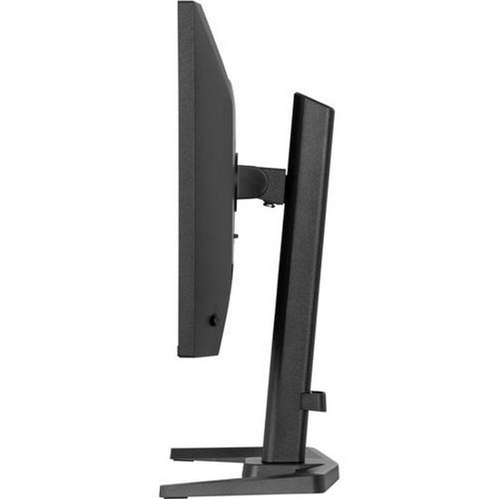 Zijzicht van een zwarte monitor op een zwarte standaard.
