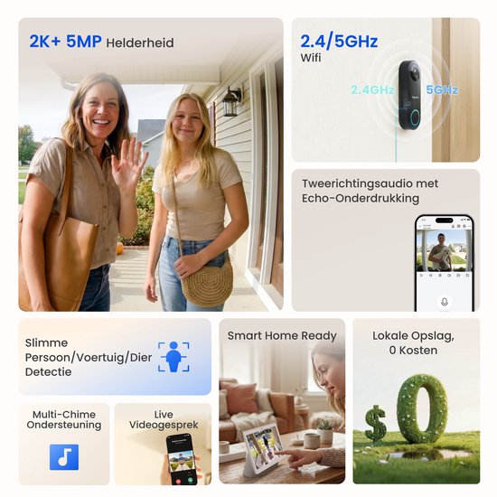 Reolink Videodeurbel WiFi Bedrade Voor Buiten - 2K 5MP - 4:3 Breedbeeld - Dual-band wifi - Lokale Opslag - Tweewegaudio - Slimme Detectie-1 Stuk