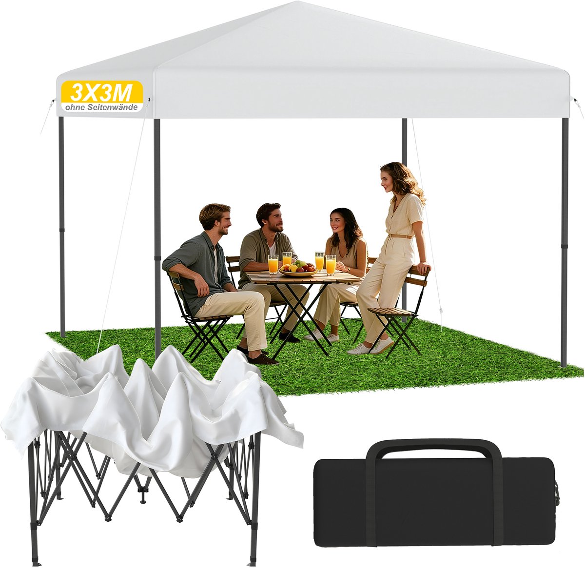 Froadp Witte 3x3 m pop-up partytent, inklapbare overkapping met snelle opzetfunctie (één druk op de knop), waterdicht & UV-bestendig, zonder zijpanelen, inclusief draagtas & grondpennen