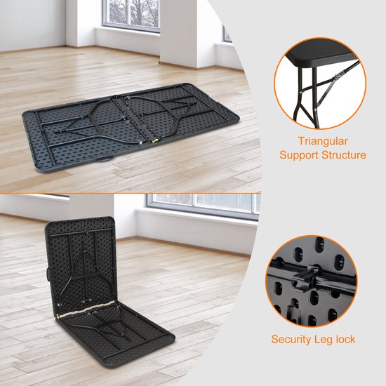 Re-purelife® Opvouwbare campingtafel 180×73×73 cm - zware klaptafel met handvat - tuintafel inklapbaar - heavy duty kunststof en ijzer - zwart - draagvermogen 135 kg van Re-purelife® — afbeelding 4