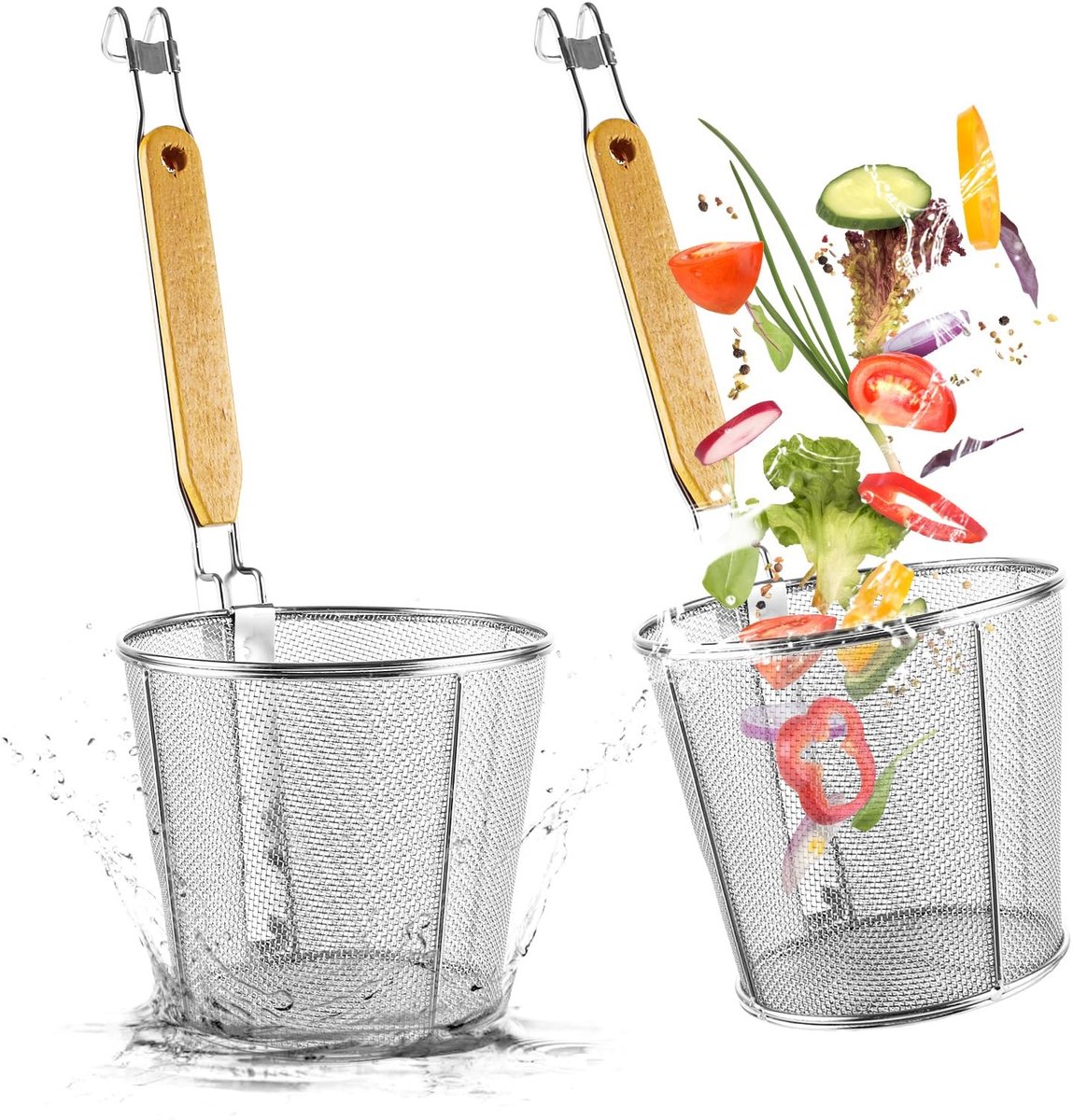 Dailygoods - Set van 2 Roestvrijstalen Pastazeef met Houten Handvat