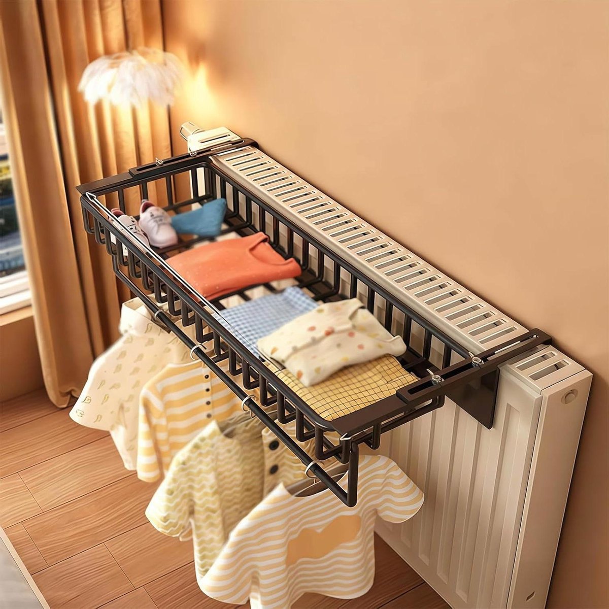 Radiator Plank - Kledingrek - Kleding Drogen - Boorvrije Installatie - Tot 30kg - Zwart