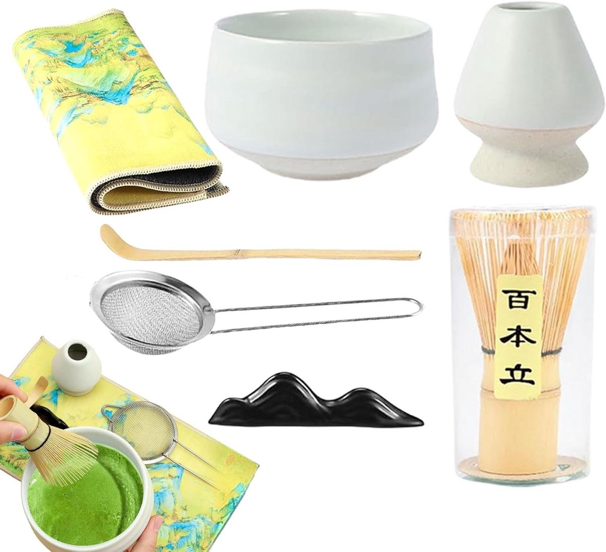 Japanse theeset - Matcha set - Thee bereiden - Compleet 7-delig - Draagbare kit - Wit