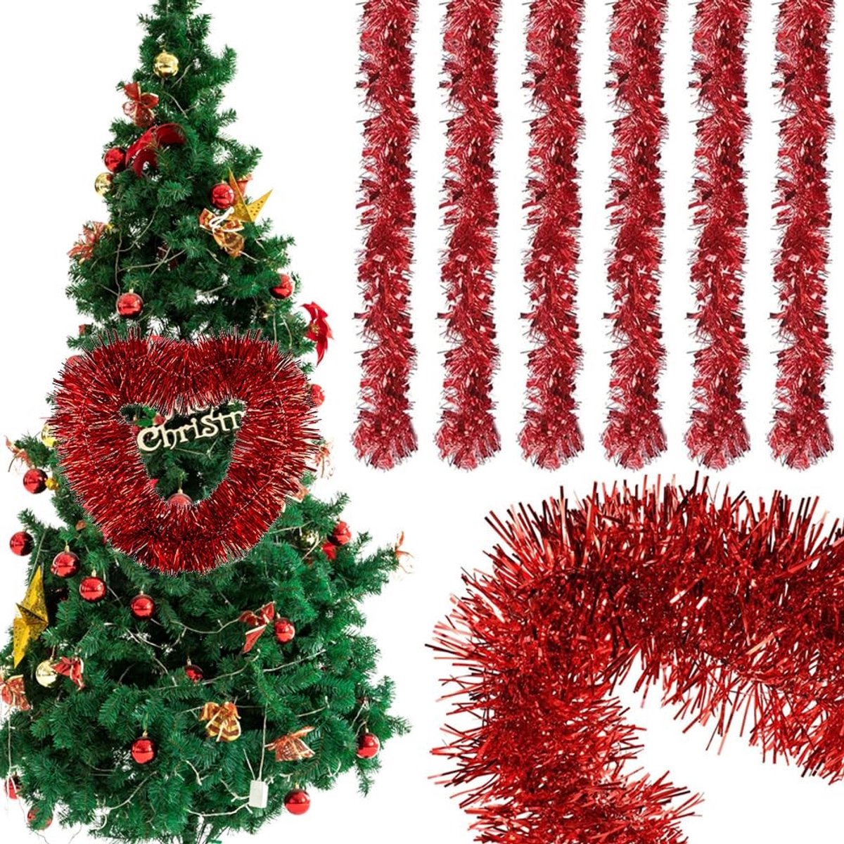 Dailygoods - Dailygoody - Lametta kerstslinger - Kerstdecoratie - Metalen slingers - Rood - Decoratieve elementen - Perfect voor jouw kerstboom - 6 stuks