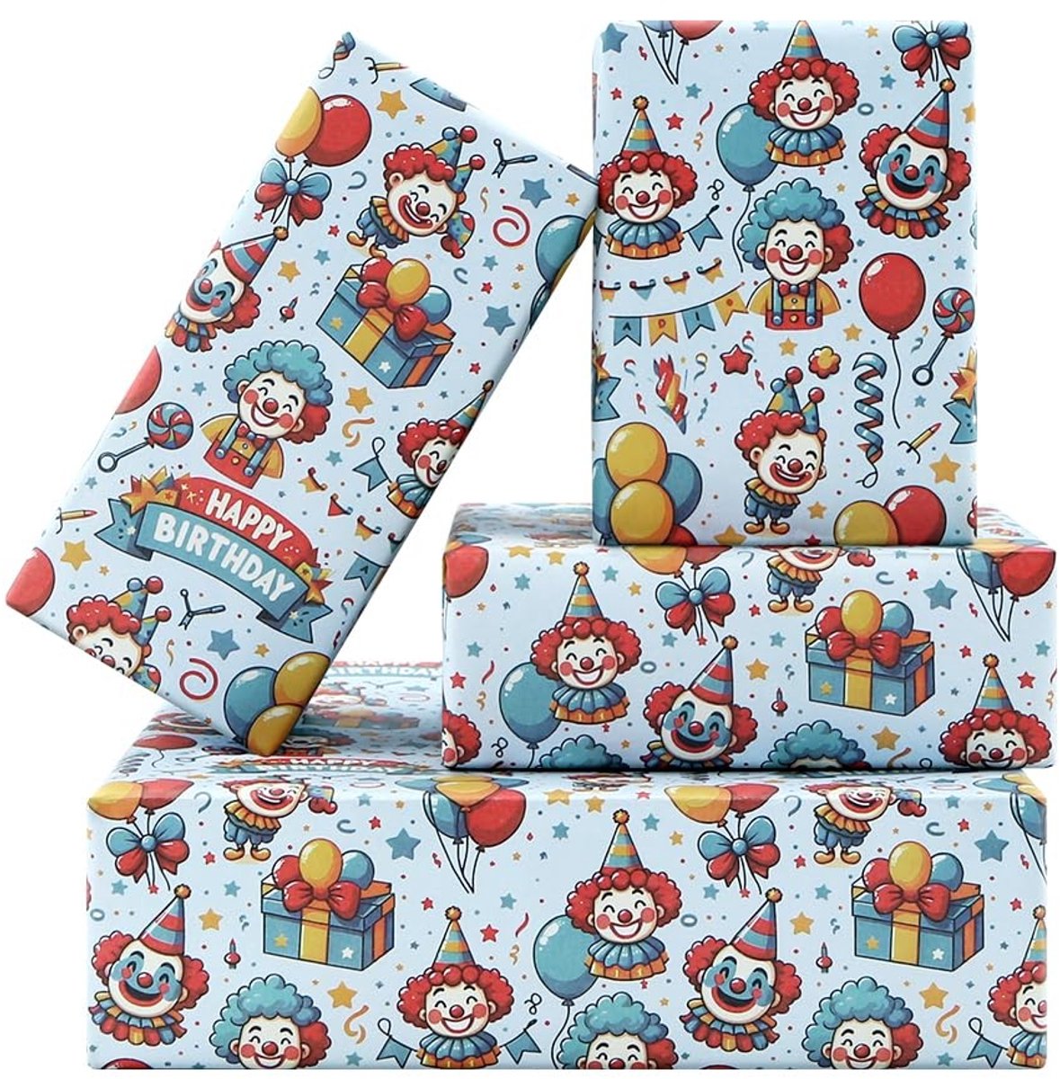 Dailygoods - Cadeaupapier - Rood en Blauw - Happy Birthday - Clown Motief - Geschenkverpakking - Geschikt voor Kinderen - 4 Vellen
