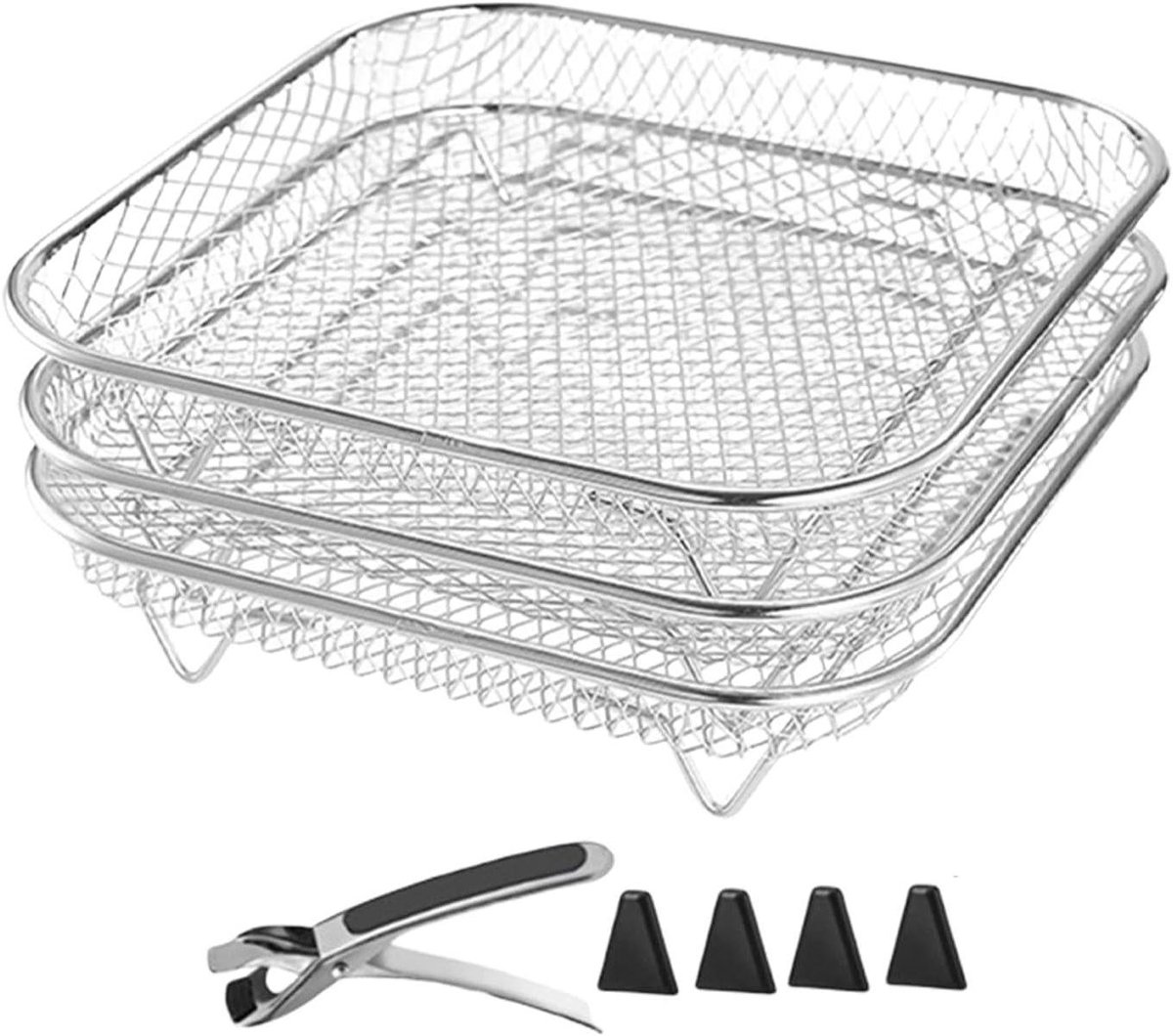 Airfryer Mand Keuken Accessoire Eten Bereiden Drie Laags Structuur 21 cm Vierkant Zilverkleurig