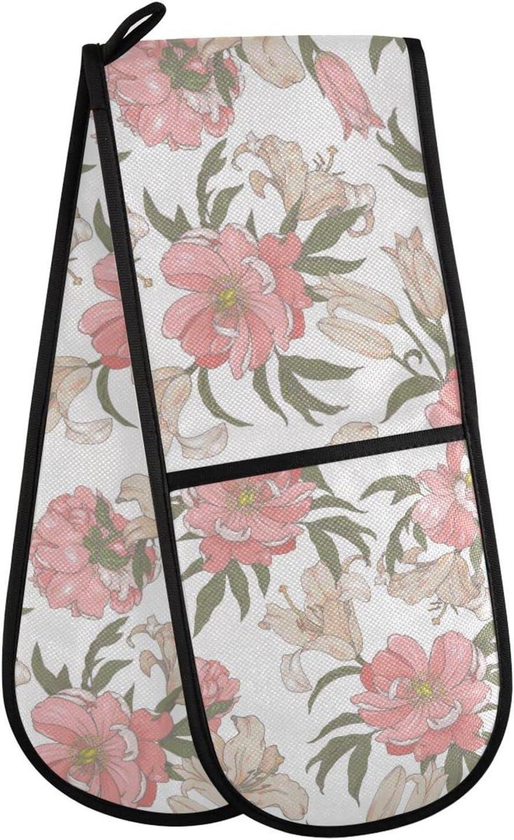 Dubbele ovenwanten - Keukenhandschoenen - Koken en bakken - Extra lange bescherming - 35 x 7 inch - Roze pioenrozen