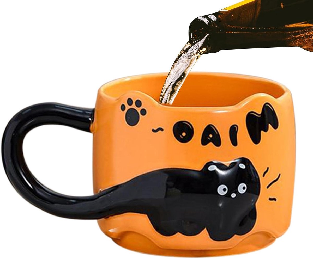 Keramische Kat Mok - Grappige Mok - Dranken Serveren - Handbeschilderd Design - 380 ml - Oranje