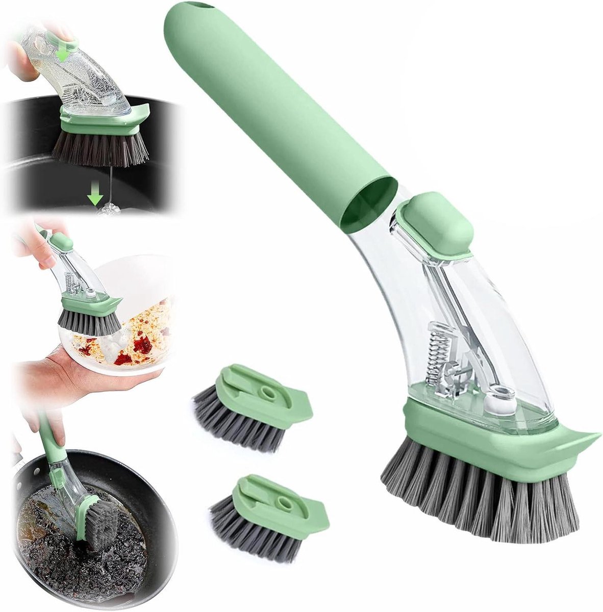 Vaatborstel - Schuimdispenser - Keuken Schoonmaken - Navulbaar Handvat - 3 Borstelkoppen - Groen
