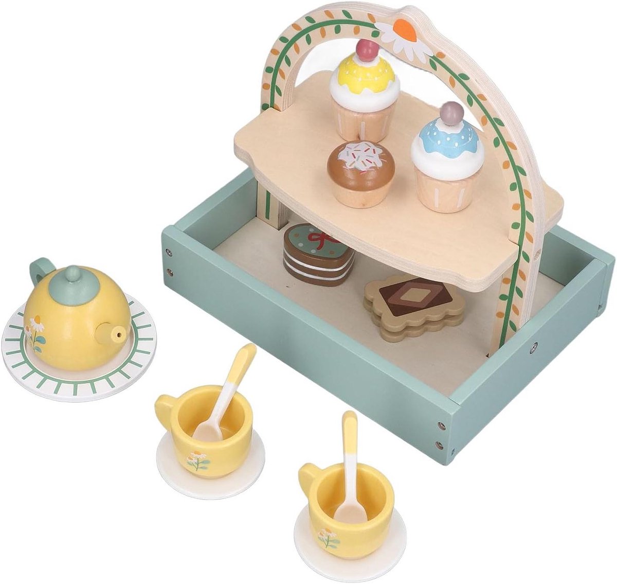 Theeservies Speelgoed - Afternoon Tea - Doen alsof spel - Dubbeldeks dessertrek - 25 x 23 x 8 cm - Houtkleurig